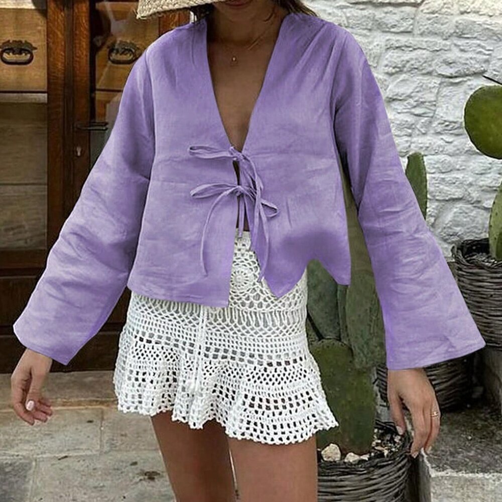 Purple Casual Women's Tie Front Flounce Sleeve Blouse